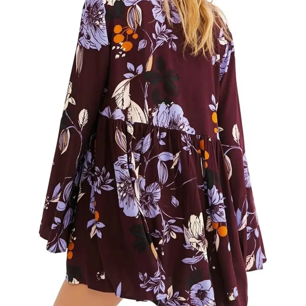 Free People Bella Top XS Burgundy Floral Boho Babydoll Tunic Bell Sleeve